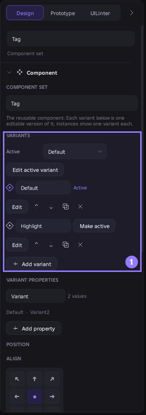 The Inspector for a component set called Tag, listing its Default and Highlight variants with Edit, Make active and Add variant controls.