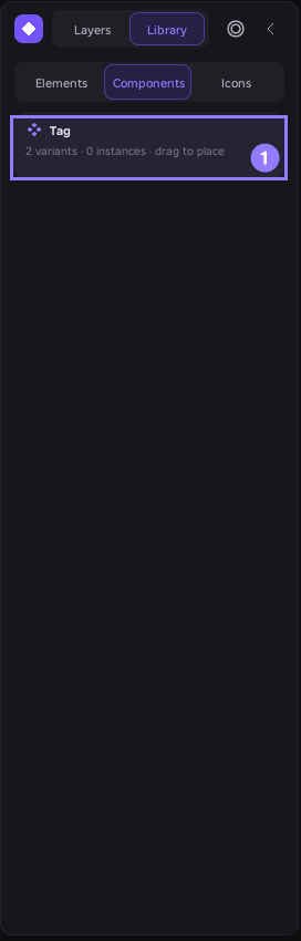 The Library Components tab listing the Tag component with 2 variants and 0 instances.