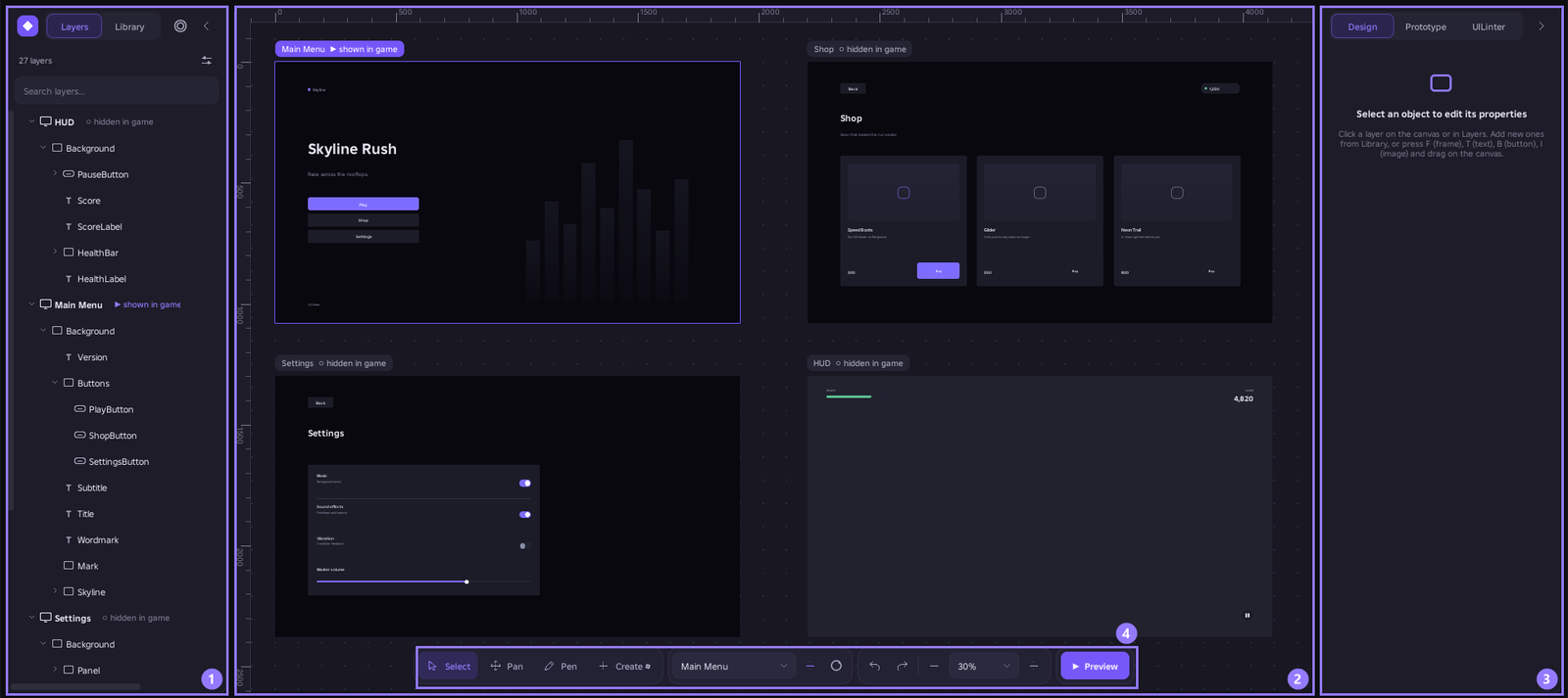 The Bloxma UI Editor window in Roblox Studio with its four areas numbered: Layers and Library on the left, the canvas, the Design, Prototype and UILinter panel on the right, and the toolbar along the bottom.