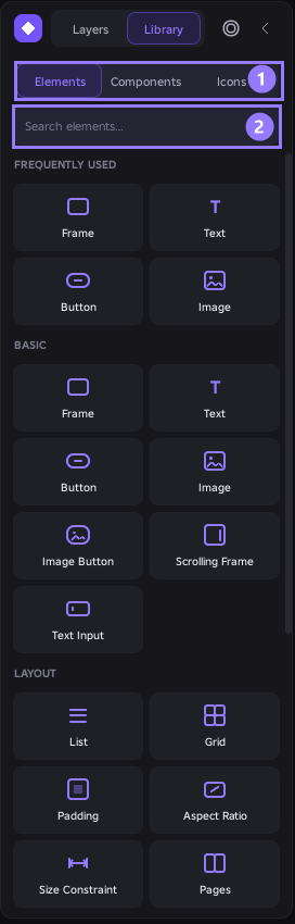 The Library tab showing the Elements, Components and Icons sub-tabs, a search box and the frequently used elements.