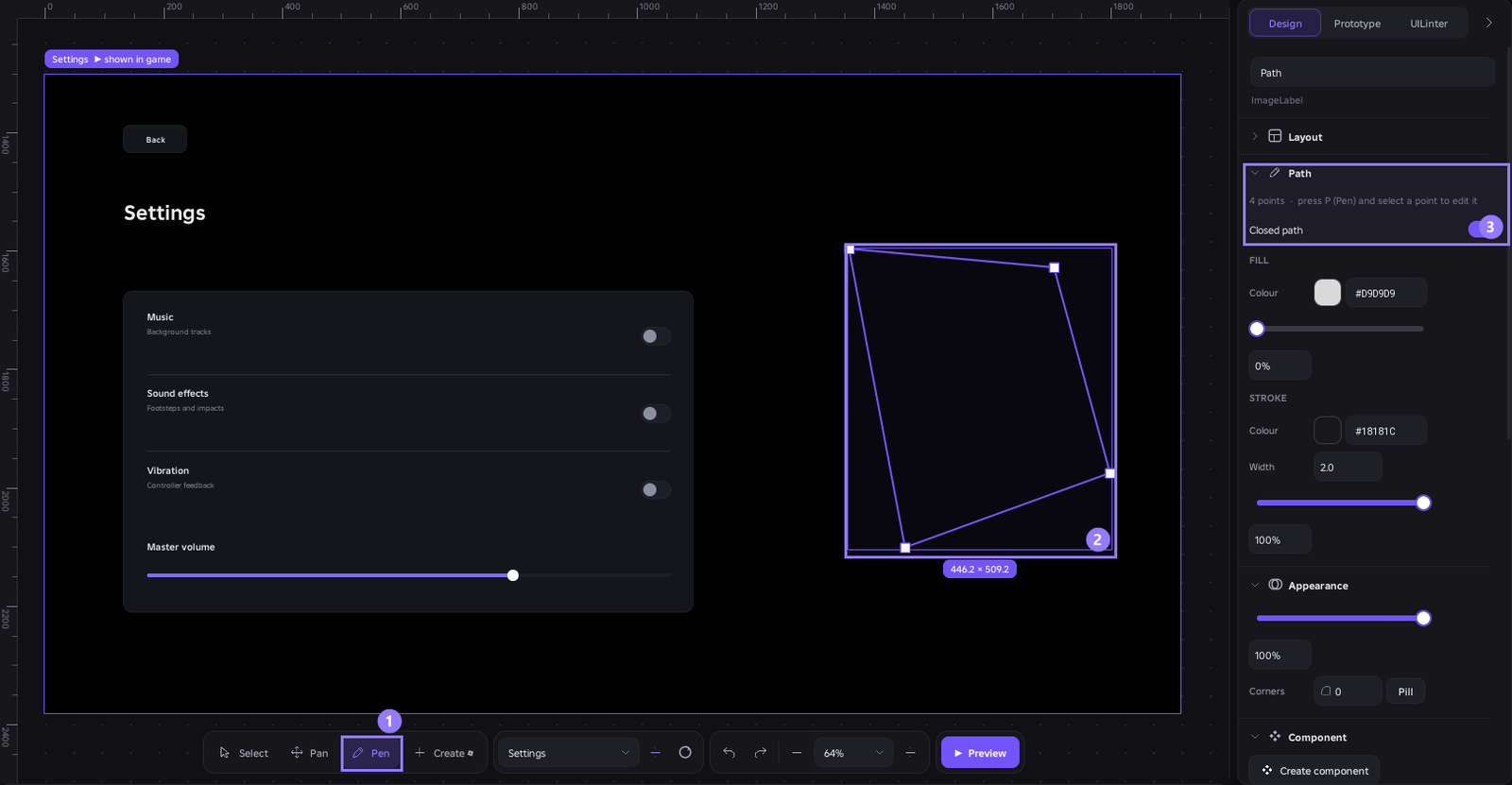 The Pen tool active, with a closed four-point path drawn on the canvas and its Path, Fill and Stroke controls in the Inspector.