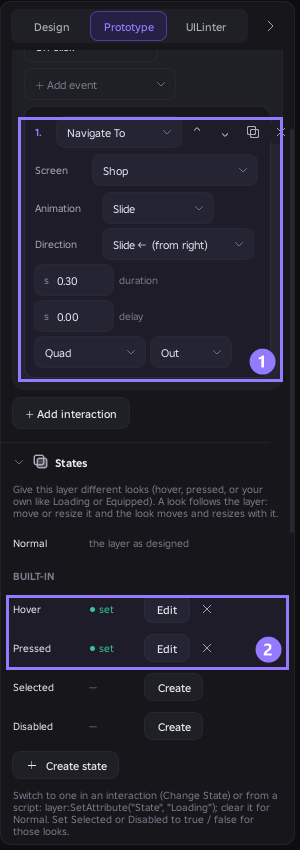 The Inspector in Prototype mode showing a Navigate To interaction and the Hover and Pressed states marked as set.